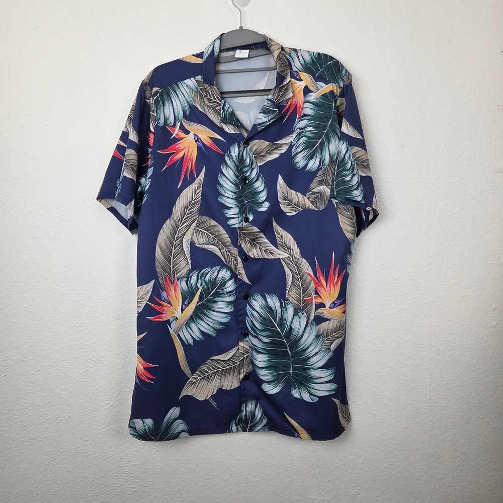 VinCo Hawaiian Shirt Men Medium‎ Blue Bird of Paradise Tropical Floral Button Up